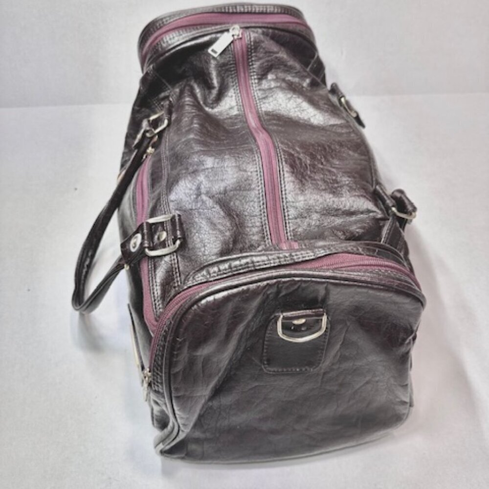VTG Sir Bentley Leather Duffel Bag Travel Carry On Double Handles Black Red 18” - Picture 7 of 15